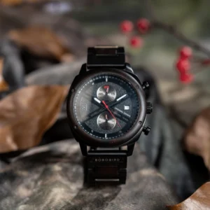 Black wooden watch with red accents