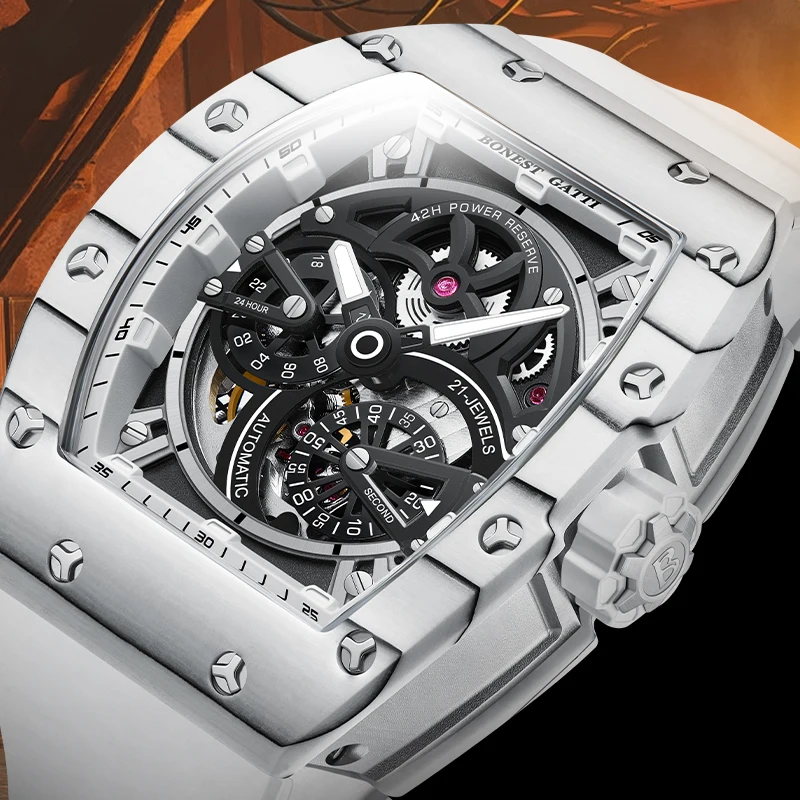 bonest gatti men's mechanical watch barrel shaped carbon fiber case rubber strap high end skeleton automatic watch Skeleton automatic wristwatch
