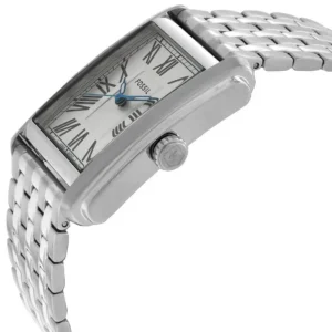 Silver rectangular watch face.