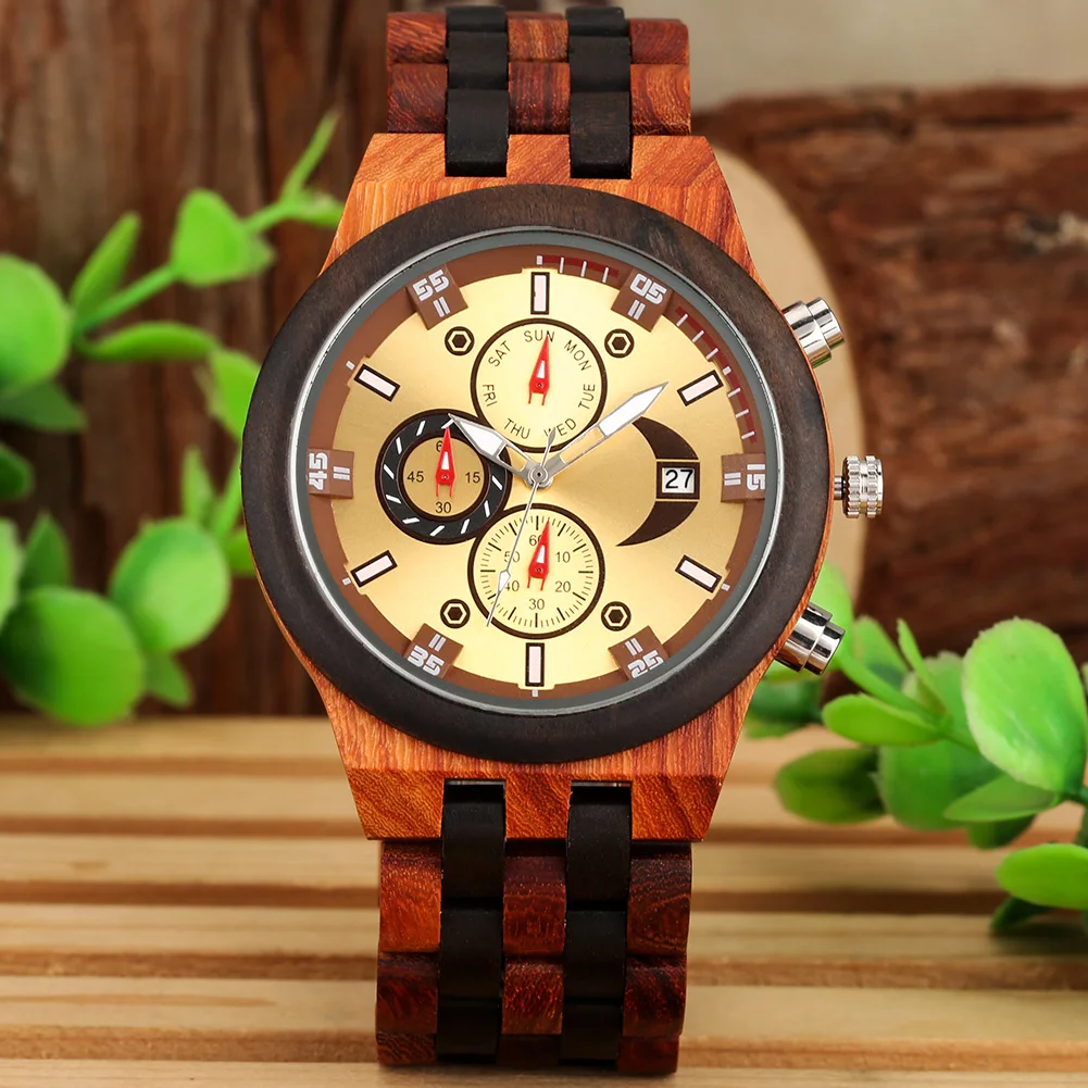 chronograph calendar round dial quartz watch for men folding clasp wooden bangle male watches vintage natural men's timepiece Wooden watch with golden face