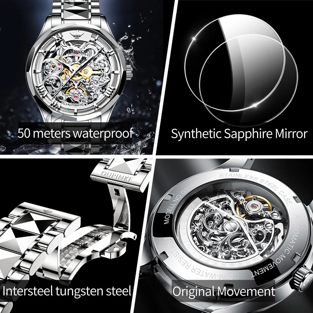 oupinke 3168 mens watch swiss skeleton automatic mechanical watch tungsten steel luxury business watch successful individuals Mechanical watch features explained