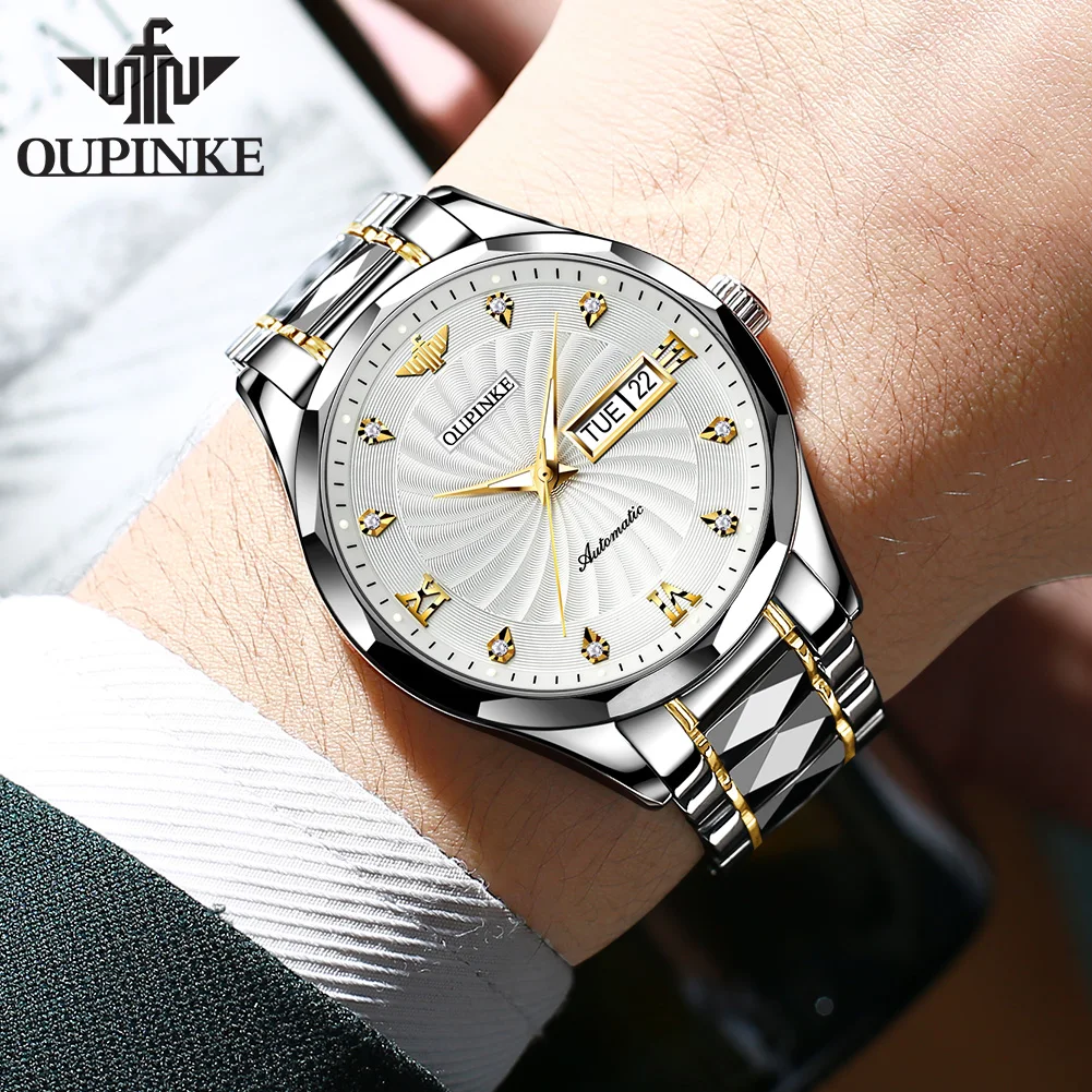 oupinke 3169 original luxury business automatic mechanical watch tungsten steel day date watches for man free gift mens watch Silver and gold automatic watch