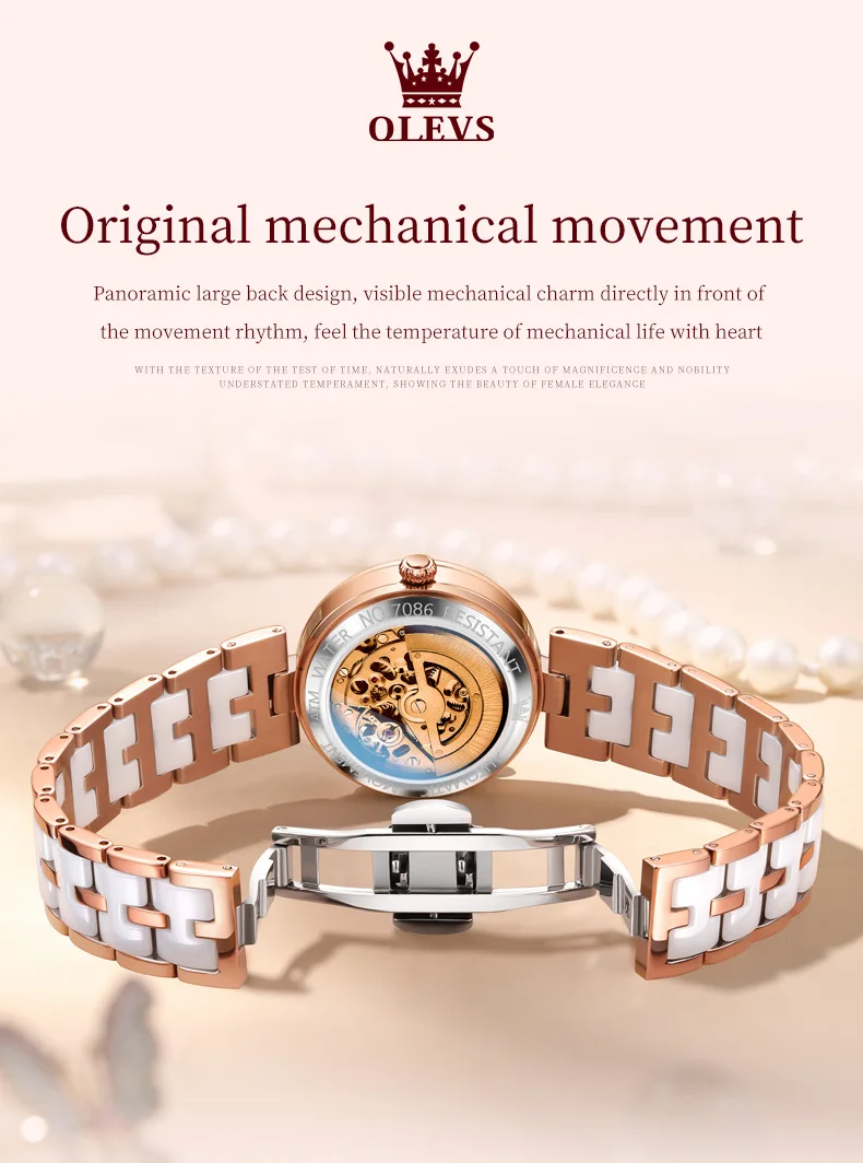 olevs fashion ceramic skeleton women mechanical watches new luxury automatic watch ladies original waterproof lady wrist watch Rose gold mechanical watch