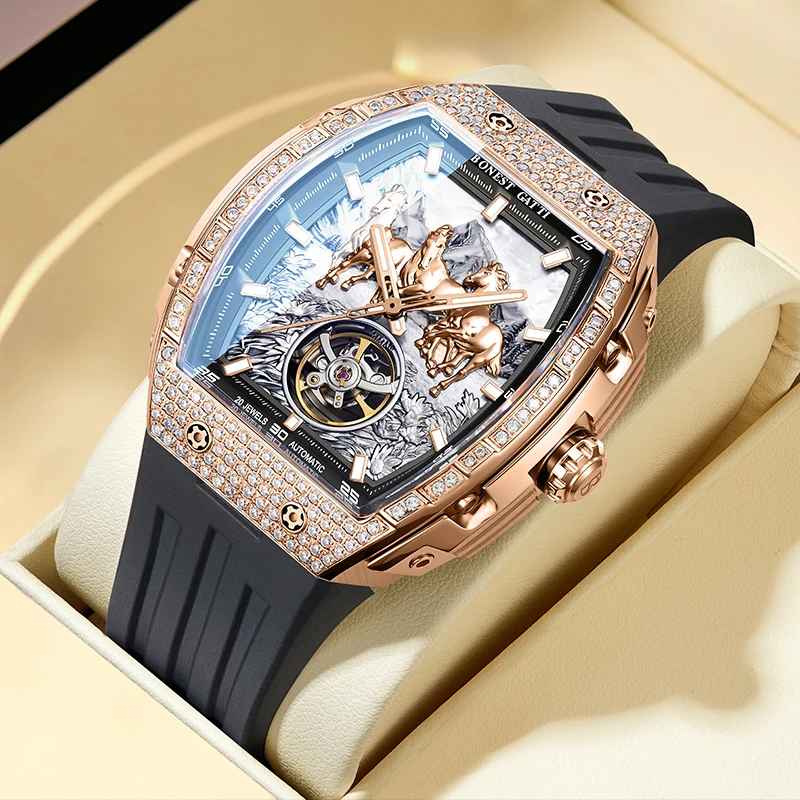 bonest gatti german automatic mechanical watch for men business fashion silicone strap luminous waterproof Diamond studded horse watch.