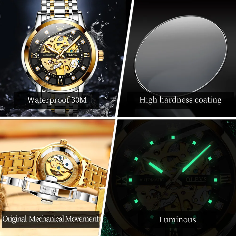 olevs 9901 mens watchluxury hollowing mechanical wristwatch waterproof luminous stainless steel fashion automatic watch for man Luxury gold mechanical watch