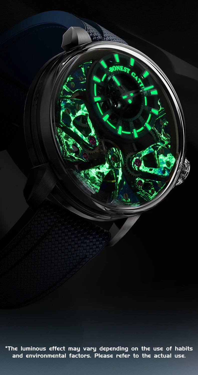 bonest gatti men's automatic mechanical watch sapphire glass 316 stainless steel skeleton mechanical wristwatch german brand Luminous skeleton watch with green glow