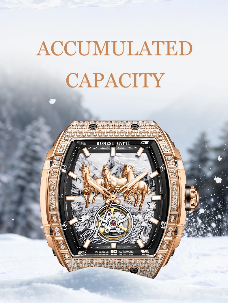 bonest gatti german automatic mechanical watch for men business fashion silicone strap luminous waterproof Diamond watch with galloping horses.