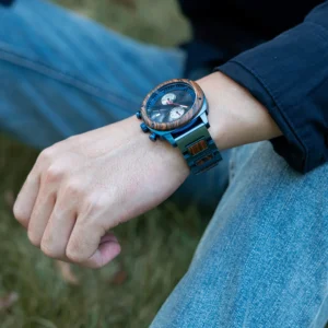 Wood and blue watch on wrist