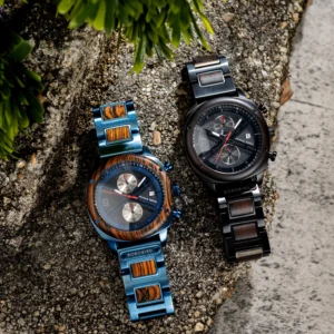 Two wooden and metal watches.