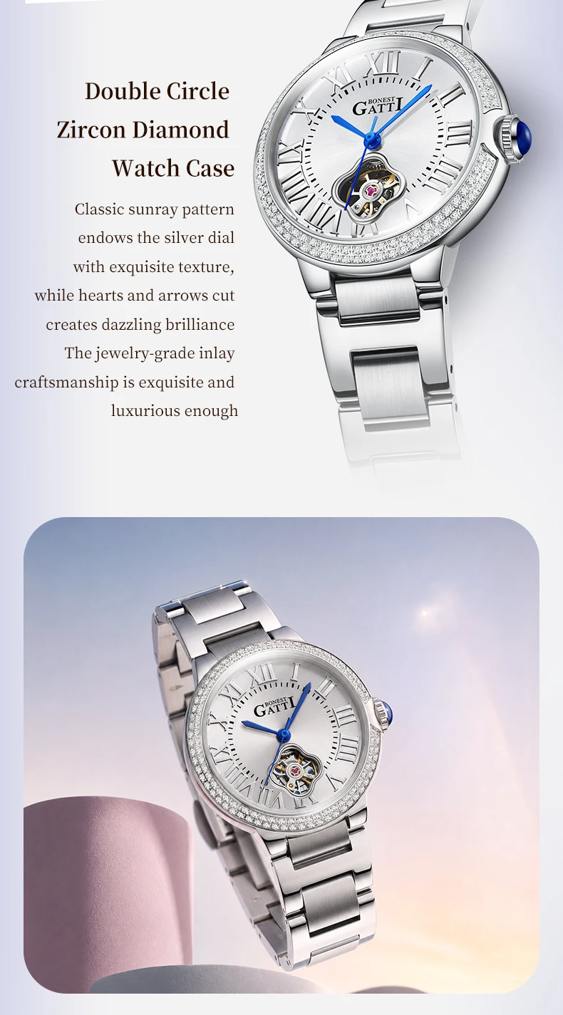 bonest gatti high quality watches women's automatic mechanical watch stainless steel round dial luminous waterproof wristwatch Diamond zircon watch case