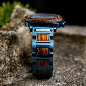 Blue watch with wooden accents