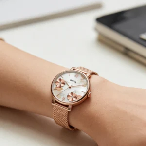 Rose gold floral watch on wrist