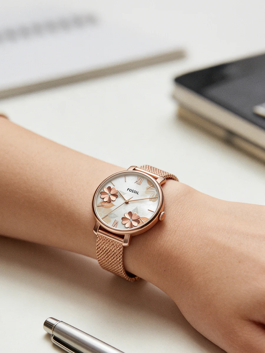 fossil es4534 luxury rose gold women watches stainless steel mesh strap quartz wristwatch mother of pearl clock reloj mujer Rose gold floral watch on wrist