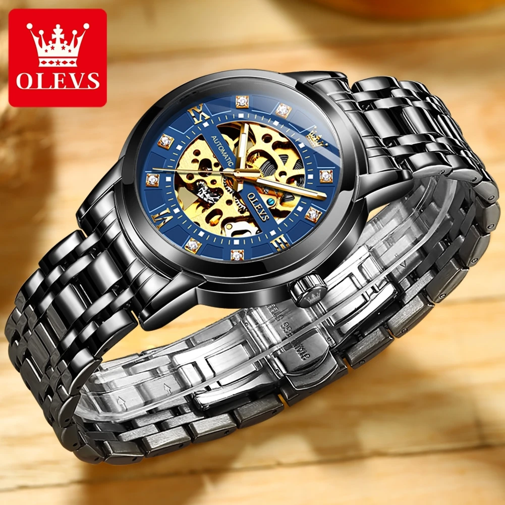 olevs 9901 mens watchluxury hollowing mechanical wristwatch waterproof luminous stainless steel fashion automatic watch for man Blue automatic skeleton watch