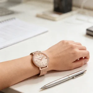 Rose gold watch on wrist
