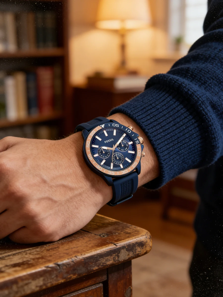 fossil men's sport chronograph watch blue silicone strap rose gold bezel multifunction quartz day date display gift for friend Blue men's wrist watch