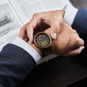 Wooden watch on man's wrist