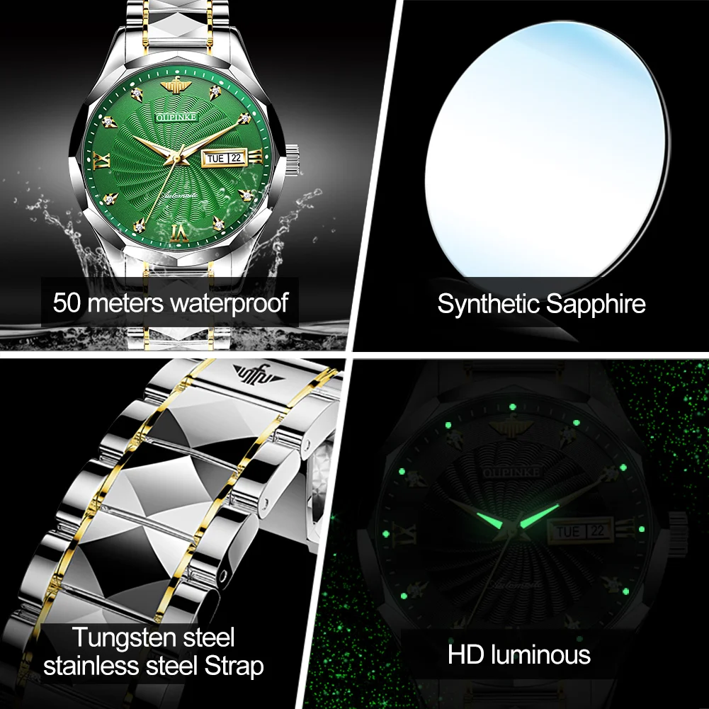 oupinke 3169 original luxury business automatic mechanical watch tungsten steel day date watches for man free gift mens watch Watch features collage