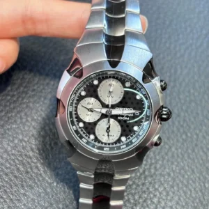 Silver chronograph watch with black face
