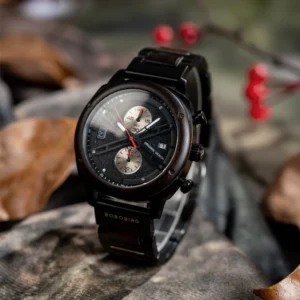 Wooden chronograph watch with autumn leaves