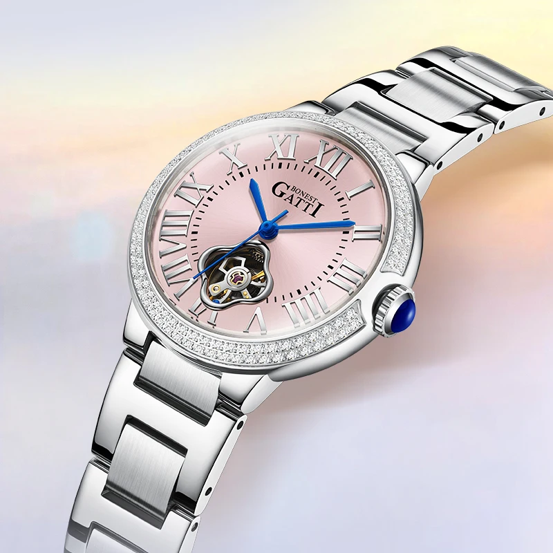 bonest gatti high quality watches women's automatic mechanical watch stainless steel round dial luminous waterproof wristwatch Silver diamond pink watch