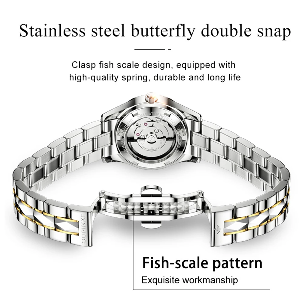 oupinke 3169 womens watch luxury elegant tungsten steel automatic mechanical watch waterproof luminous ladies day date watch Stainless steel watch butterfly clasp