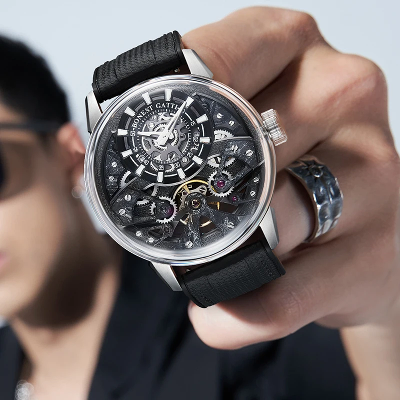 bonest gatti men's automatic mechanical watch sapphire glass 316 stainless steel skeleton mechanical wristwatch german brand Skeleton watch with black strap