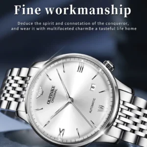 Elegant silver automatic wristwatch.