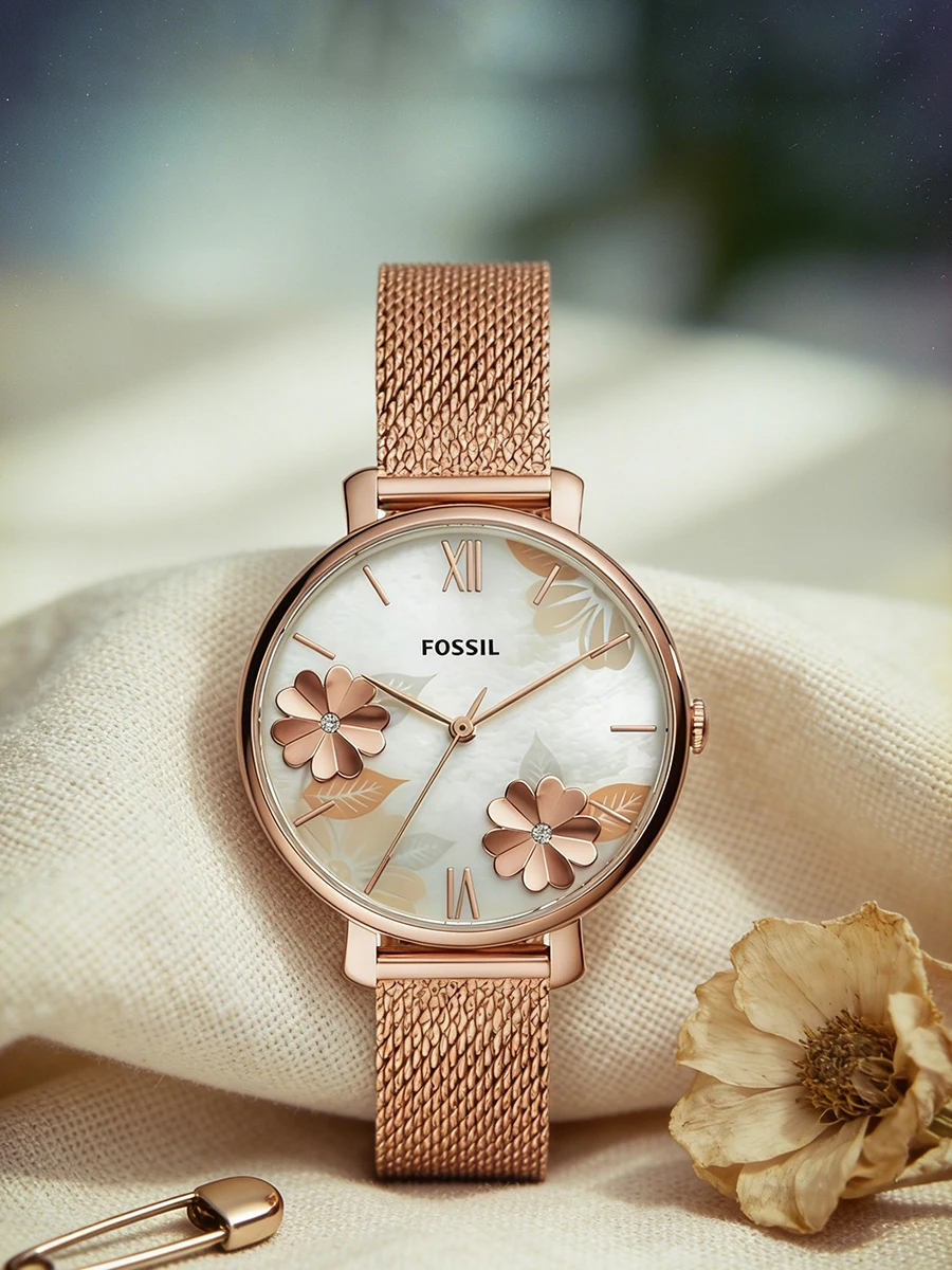 fossil es4534 luxury rose gold women watches stainless steel mesh strap quartz wristwatch mother of pearl clock reloj mujer Rose gold floral watch face