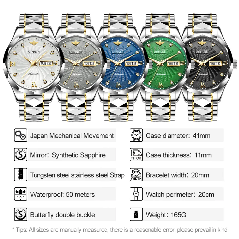 oupinke 3169 original luxury business automatic mechanical watch tungsten steel day date watches for man free gift mens watch Assorted colored automatic watches