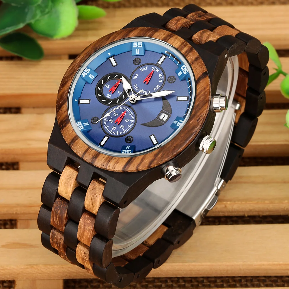 chronograph calendar round dial quartz watch for men folding clasp wooden bangle male watches vintage natural men's timepiece Blue face wood watch