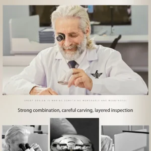 Watchmaker with loupe examining watch