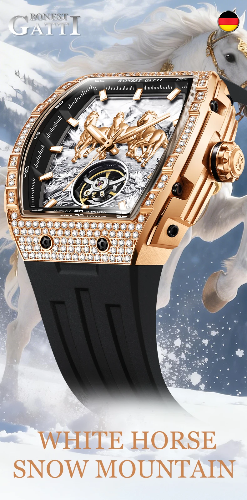 bonest gatti german automatic mechanical watch for men business fashion silicone strap luminous waterproof Watch with horses in snow.