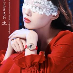 Woman in red dress, lace mask