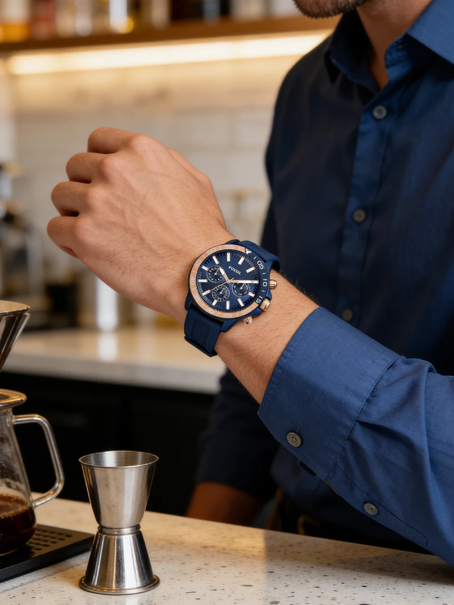 fossil men's sport chronograph watch blue silicone strap rose gold bezel multifunction quartz day date display gift for friend Men's blue Fossil watch