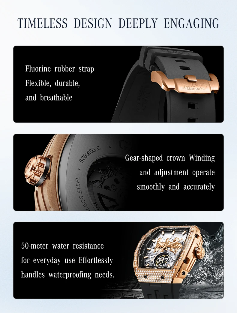 bonest gatti german automatic mechanical watch for men business fashion silicone strap luminous waterproof Luxury watch with rubber strap