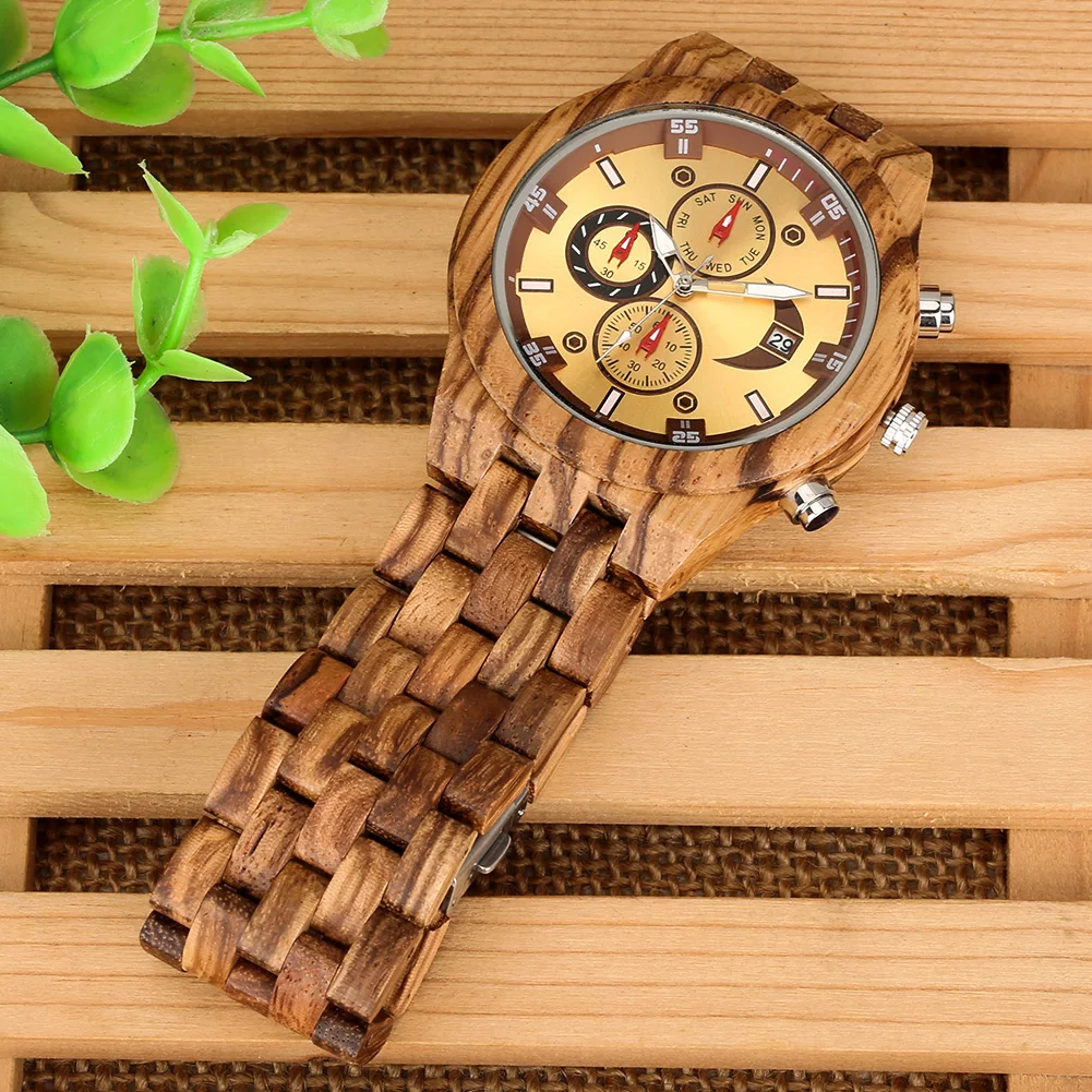 chronograph calendar round dial quartz watch for men folding clasp wooden bangle male watches vintage natural men's timepiece Wooden watch with gold face