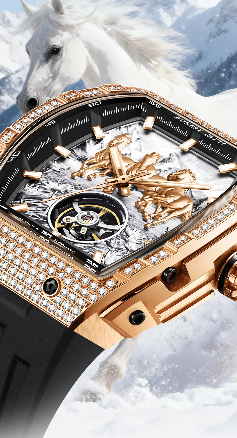 bonest gatti german automatic mechanical watch for men business fashion silicone strap luminous waterproof Luxury watch with horse detail