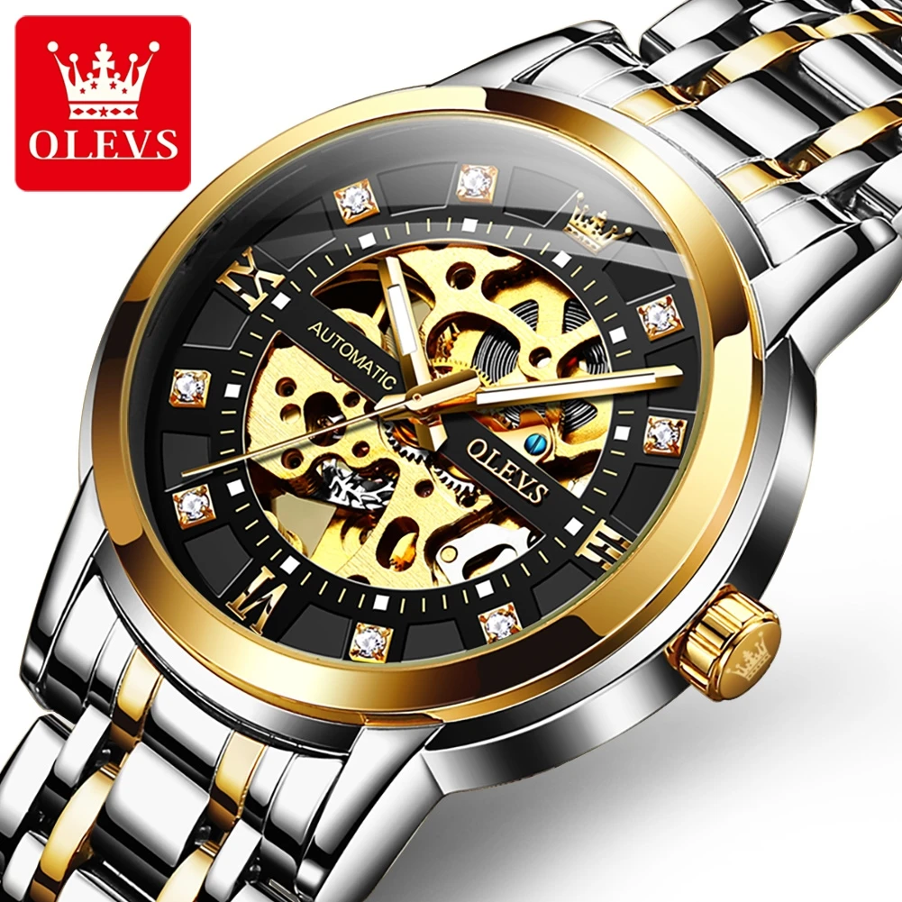 olevs 9901 mens watchluxury hollowing mechanical wristwatch waterproof luminous stainless steel fashion automatic watch for man Automatic skeleton men's watch