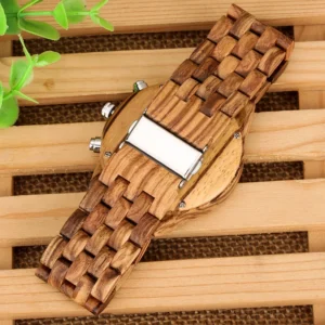 Wooden watch with metal clasp.
