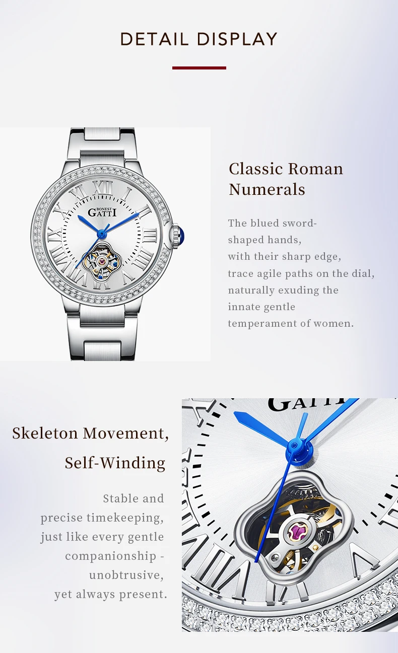 bonest gatti high quality watches women's automatic mechanical watch stainless steel round dial luminous waterproof wristwatch Silver watch with Roman numerals