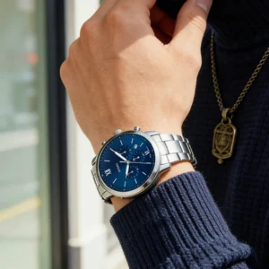 Men's silver watch with blue face