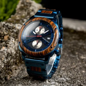 Blue wood analog watch