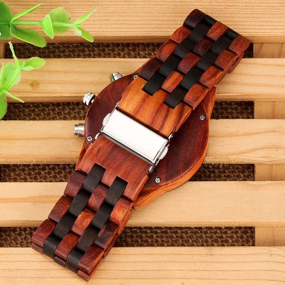 chronograph calendar round dial quartz watch for men folding clasp wooden bangle male watches vintage natural men's timepiece Wooden watch band detail