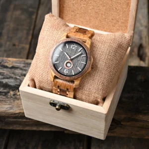 Wooden watch in open box