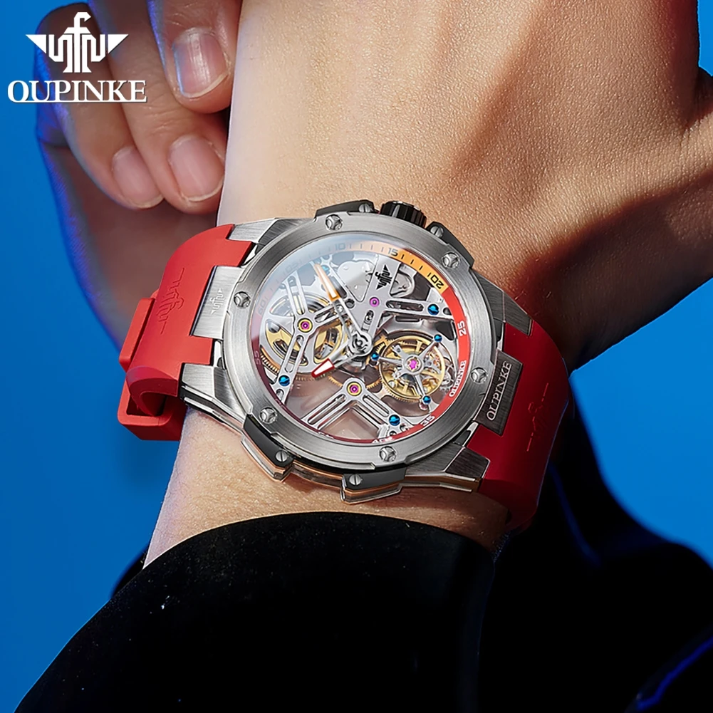 oupinke 8003 mens watch luxury skeleton fully automatic mechanical watch 50m waterproof silicone strap sports watch gift box Men's automatic skeleton watch