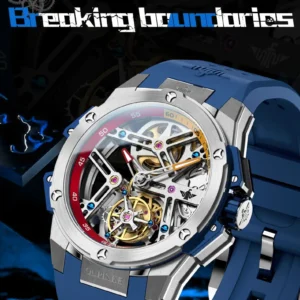 Blue mechanical skeleton watch