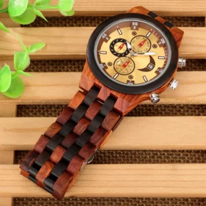 Wooden analog watch with gold face