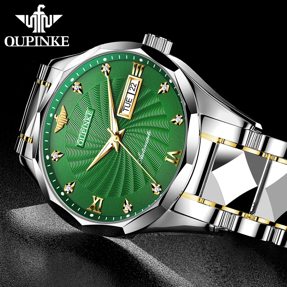 oupinke 3169 original luxury business automatic mechanical watch tungsten steel day date watches for man free gift mens watch Green dial automatic men's watch