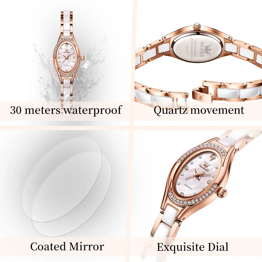olevs brand new quartz watch for woman elegant luxury ceramics steel strap fashion oval diamond dial women's waterproof watches Elegant women's watch features